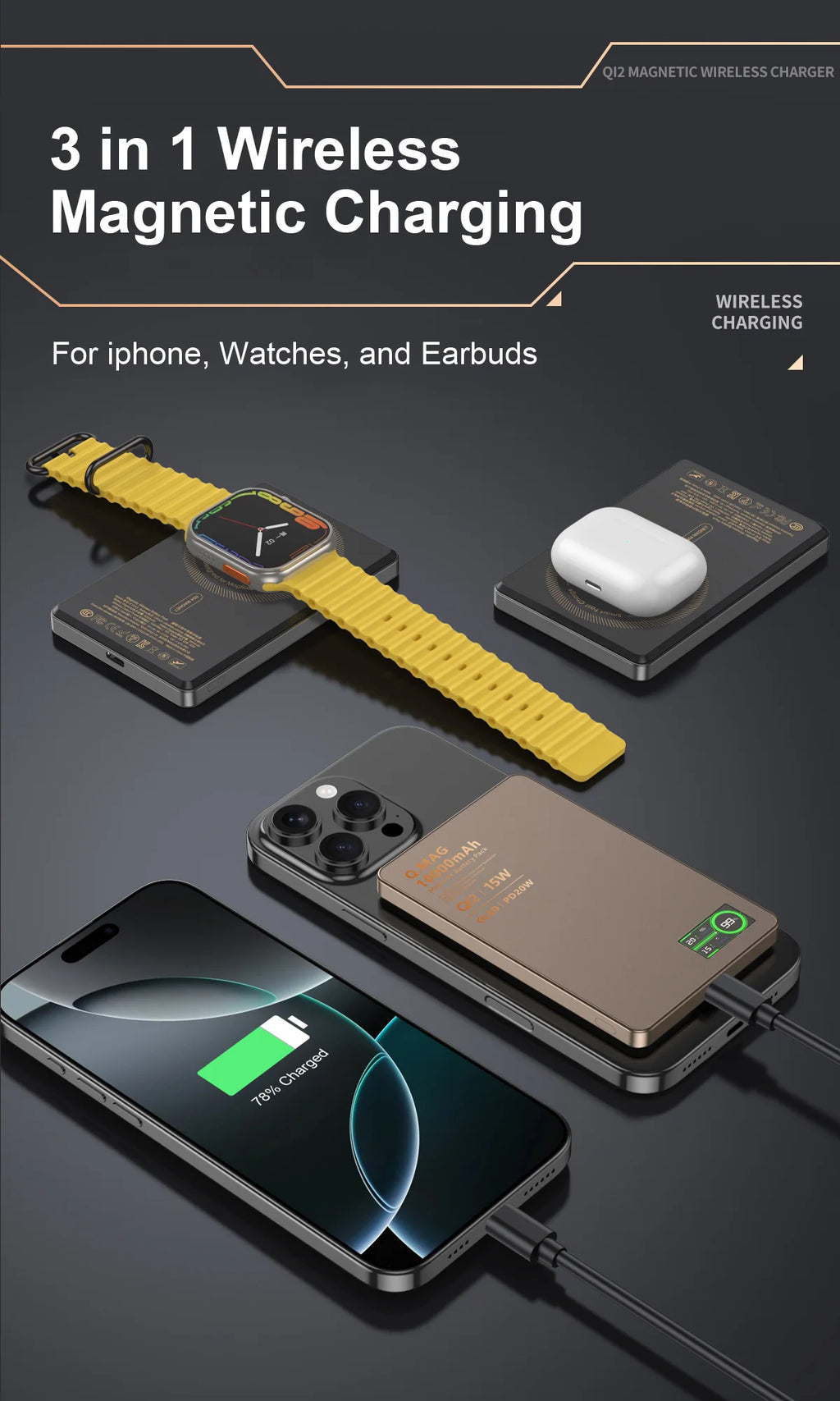 3 In 1 Magnetic Power Bank battery - Wireless Fast Charing