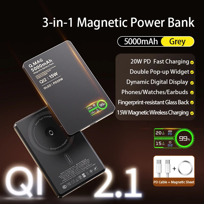 3 In 1 Magnetic Power Bank battery - Wireless Fast Charing