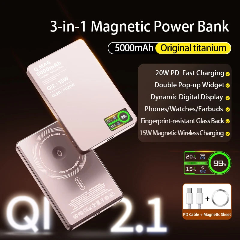 3 In 1 Magnetic Power Bank battery - Wireless Fast Charing