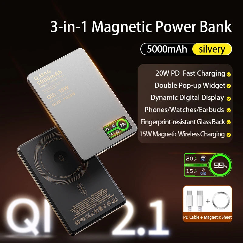 3 In 1 Magnetic Power Bank battery - Wireless Fast Charing